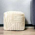 Pouf cube ottoman rayé beige, une place