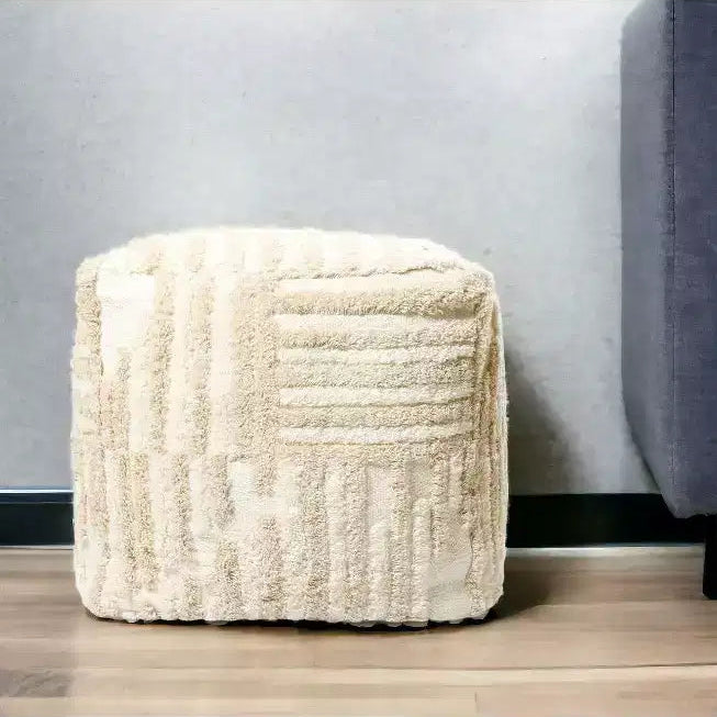 Pouf cube ottoman rayé beige, une place