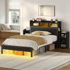 Greenstell Bed Frames with Charging Station and LED Lights, Wood Headboard with Bookcase and Storage Shelves, Platform Bed with Metal Slats