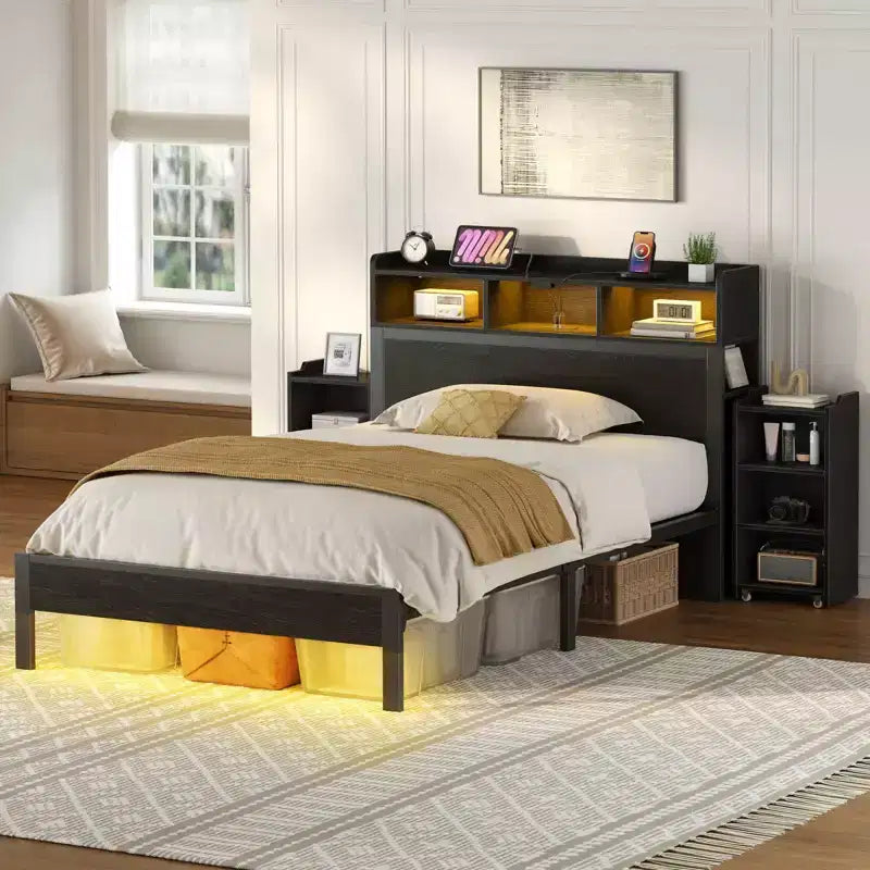 Greenstell Bed Frames with Charging Station and LED Lights, Wood Headboard with Bookcase and Storage Shelves, Platform Bed with Metal Slats