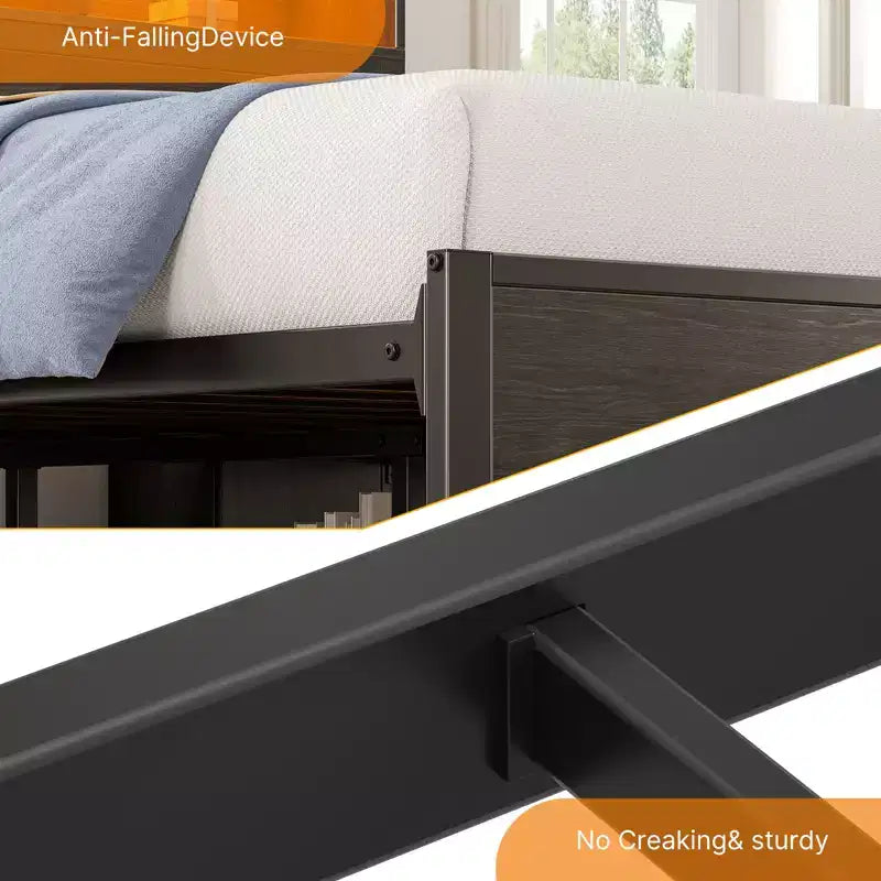 Lit plateforme noir avec lumières LED et station de recharge, tête de lit bibliothèque et étagères coulissantes, pour 2