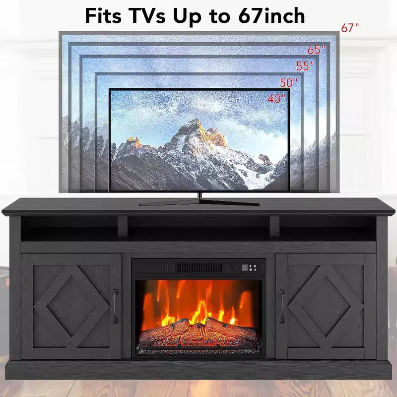 Meuble TV cheminée de style ferme marron, convient aux téléviseurs jusqu'à 80 po, pièce pour 1 à 2 personnes