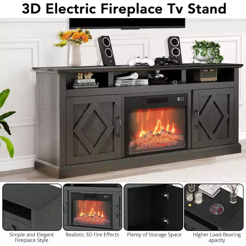 Meuble TV cheminée de style ferme marron, convient aux téléviseurs jusqu'à 80 po, pièce pour 1 à 2 personnes