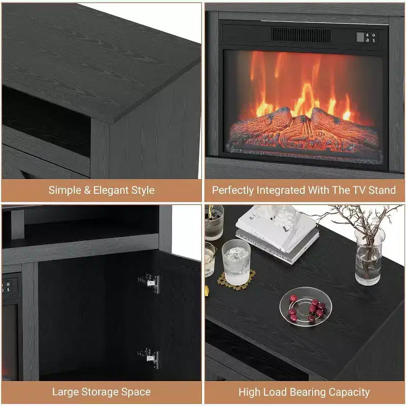 Meuble TV cheminée de style ferme marron, convient aux téléviseurs jusqu'à 80 po, pièce pour 1 à 2 personnes