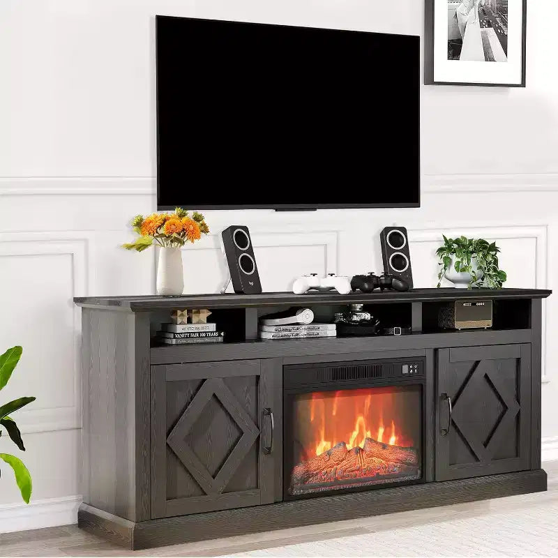 Meuble TV cheminée de style ferme marron, convient aux téléviseurs jusqu'à 80 po, pièce pour 1 à 2 personnes
