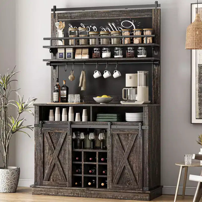 Meuble de bar à café de style rustique marron/chêne foncé/gris/blanc avec porte coulissante de style grange, buffet de rangement haut de 75"