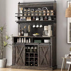 Meuble de bar à café de style rustique marron/chêne foncé/gris/blanc avec porte coulissante de style grange, buffet de rangement haut de 75"
