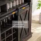 Meuble de bar à café de style rustique marron/chêne foncé/gris/blanc avec porte coulissante de style grange, buffet de rangement haut de 75"