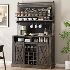 Meuble de bar à café de style rustique marron/chêne foncé/gris/blanc avec porte coulissante de style grange, buffet de rangement haut de 75"