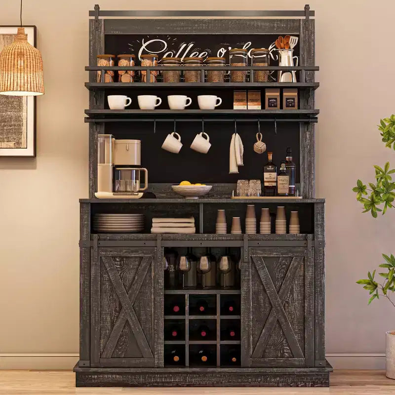 Meuble de bar à café de style rustique marron/chêne foncé/gris/blanc avec porte coulissante de style grange, buffet de rangement haut de 75"