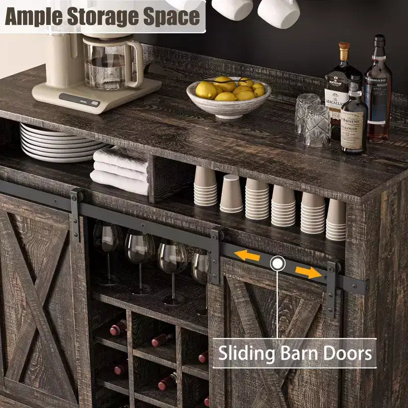 Meuble de bar à café de style rustique marron/chêne foncé/gris/blanc avec porte coulissante de style grange, buffet de rangement haut de 75"