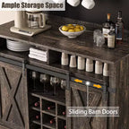 Meuble de bar à café de style rustique marron/chêne foncé/gris/blanc avec porte coulissante de style grange, buffet de rangement haut de 75"