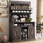 Meuble de bar à café de style rustique marron/chêne foncé/gris/blanc avec porte coulissante de style grange, buffet de rangement haut de 75"