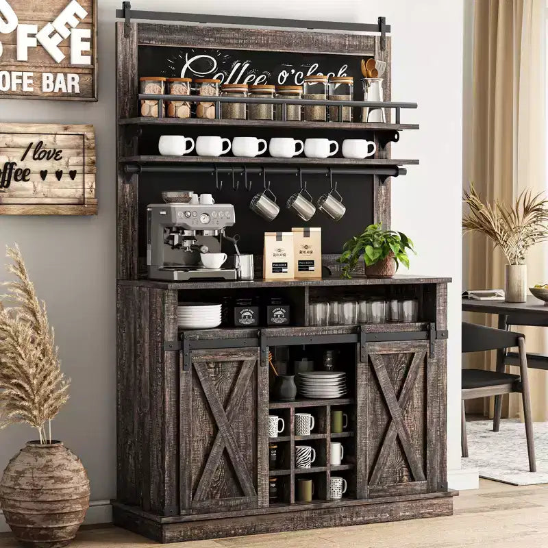 Meuble de bar à café de style rustique marron/chêne foncé/gris/blanc avec porte coulissante de style grange, buffet de rangement haut de 75"