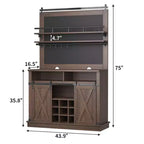 Meuble de bar à café de style rustique marron/chêne foncé/gris/blanc avec porte coulissante de style grange, buffet de rangement haut de 75"