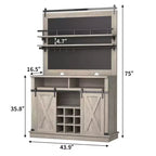 Meuble de bar à café de style rustique marron/chêne foncé/gris/blanc avec porte coulissante de style grange, buffet de rangement haut de 75"