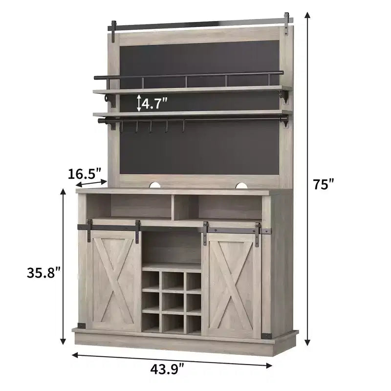 Meuble de bar à café de style rustique marron/chêne foncé/gris/blanc avec porte coulissante de style grange, buffet de rangement haut de 75"