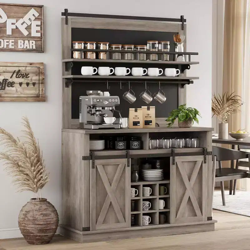 Meuble de bar à café de style rustique marron/chêne foncé/gris/blanc avec porte coulissante de style grange, buffet de rangement haut de 75"