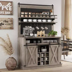 Meuble de bar à café de style rustique marron/chêne foncé/gris/blanc avec porte coulissante de style grange, buffet de rangement haut de 75"