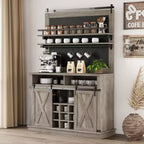 Meuble de bar à café de style rustique marron/chêne foncé/gris/blanc avec porte coulissante de style grange, buffet de rangement haut de 75"