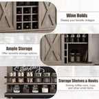 Meuble de bar à café de style rustique marron/chêne foncé/gris/blanc avec porte coulissante de style grange, buffet de rangement haut de 75"