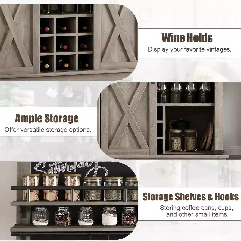 Meuble de bar à café de style rustique marron/chêne foncé/gris/blanc avec porte coulissante de style grange, buffet de rangement haut de 75"