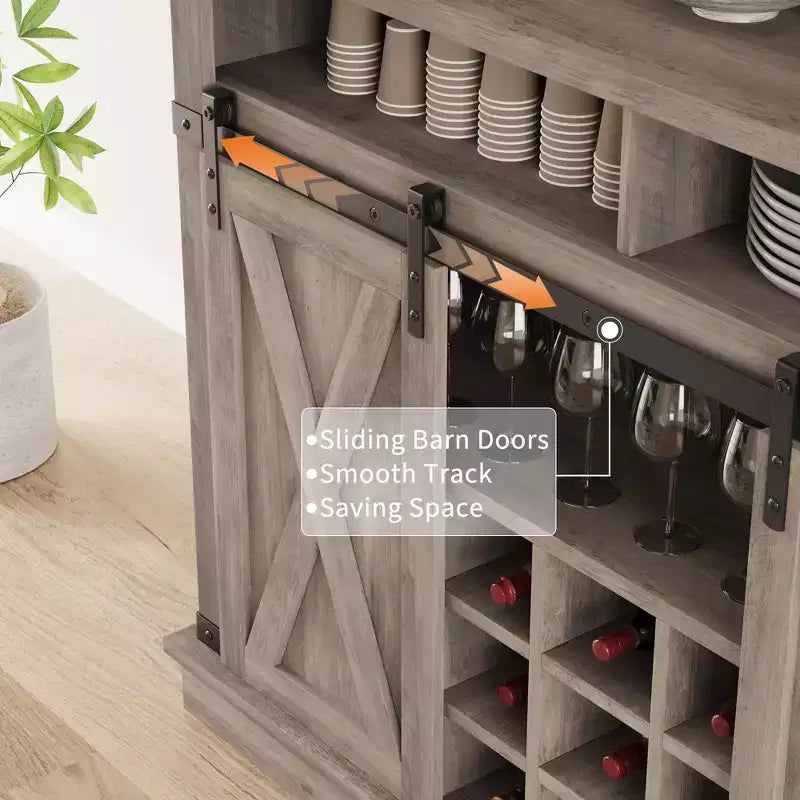 Meuble de bar à café de style rustique marron/chêne foncé/gris/blanc avec porte coulissante de style grange, buffet de rangement haut de 75"