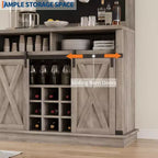 Meuble de bar à café de style rustique marron/chêne foncé/gris/blanc avec porte coulissante de style grange, buffet de rangement haut de 75"