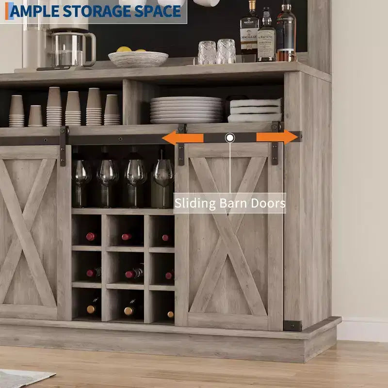 Meuble de bar à café de style rustique marron/chêne foncé/gris/blanc avec porte coulissante de style grange, buffet de rangement haut de 75"