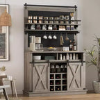Meuble de bar à café de style rustique marron/chêne foncé/gris/blanc avec porte coulissante de style grange, buffet de rangement haut de 75"