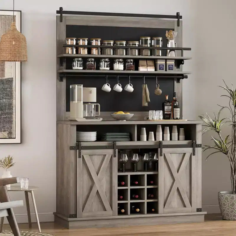 Meuble de bar à café de style rustique marron/chêne foncé/gris/blanc avec porte coulissante de style grange, buffet de rangement haut de 75"