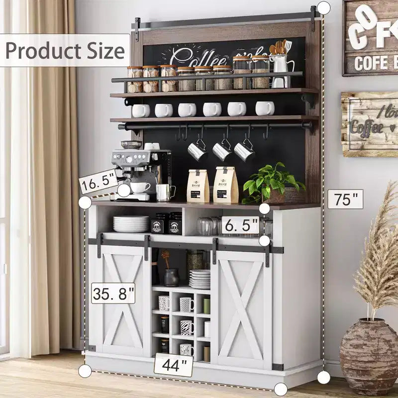 Meuble de bar à café de style rustique marron/chêne foncé/gris/blanc avec porte coulissante de style grange, buffet de rangement haut de 75"