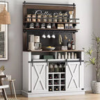 Meuble de bar à café de style rustique marron/chêne foncé/gris/blanc avec porte coulissante de style grange, buffet de rangement haut de 75"