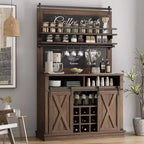 Meuble de bar à café de style rustique marron/chêne foncé/gris/blanc avec porte coulissante de style grange, buffet de rangement haut de 75"