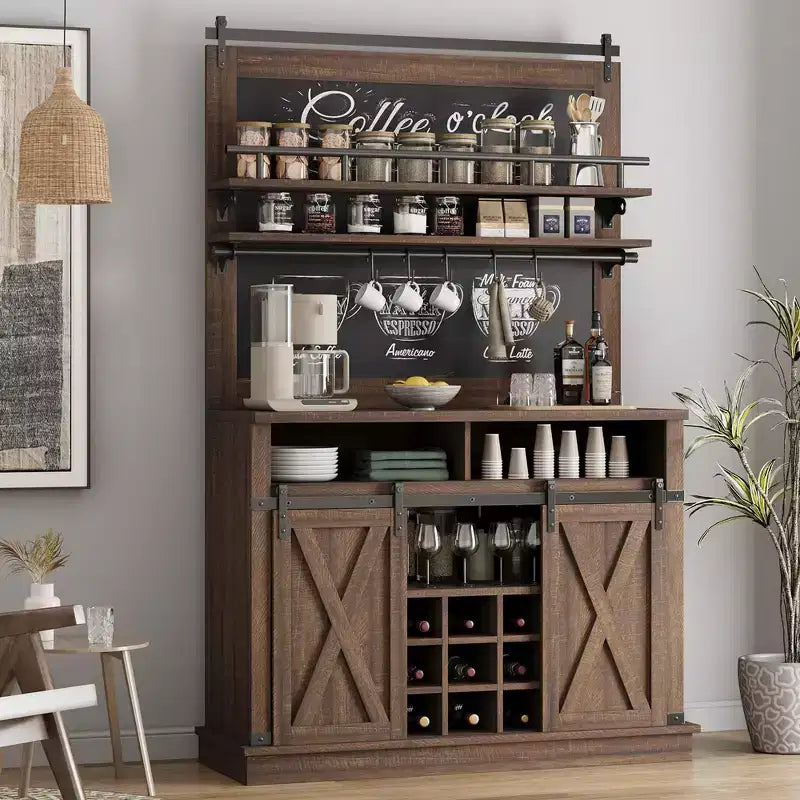 Meuble de bar à café de style rustique marron/chêne foncé/gris/blanc avec porte coulissante de style grange, buffet de rangement haut de 75"