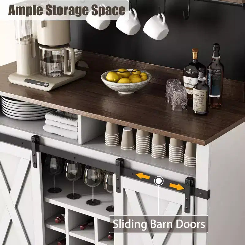 Meuble de bar à café de style rustique marron/chêne foncé/gris/blanc avec porte coulissante de style grange, buffet de rangement haut de 75"
