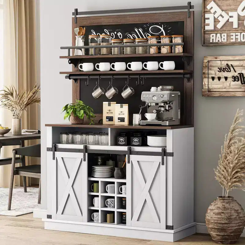 Meuble de bar à café de style rustique marron/chêne foncé/gris/blanc avec porte coulissante de style grange, buffet de rangement haut de 75"