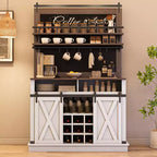 Meuble de bar à café de style rustique marron/chêne foncé/gris/blanc avec porte coulissante de style grange, buffet de rangement haut de 75"