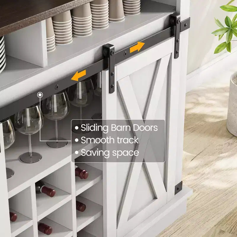 Meuble de bar à café de style rustique marron/chêne foncé/gris/blanc avec porte coulissante de style grange, buffet de rangement haut de 75"