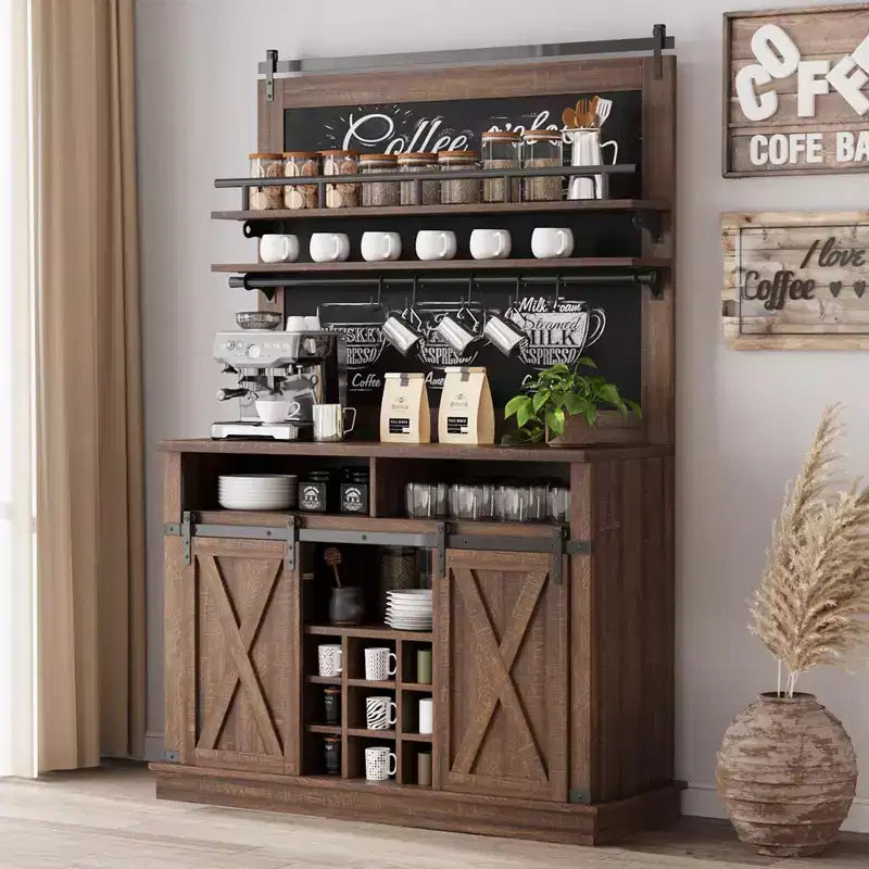 Meuble de bar à café de style rustique marron/chêne foncé/gris/blanc avec porte coulissante de style grange, buffet de rangement haut de 75"