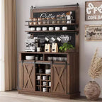 Meuble de bar à café de style rustique marron/chêne foncé/gris/blanc avec porte coulissante de style grange, buffet de rangement haut de 75"