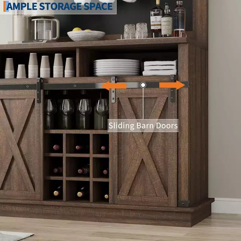 Meuble de bar à café de style rustique marron/chêne foncé/gris/blanc avec porte coulissante de style grange, buffet de rangement haut de 75"