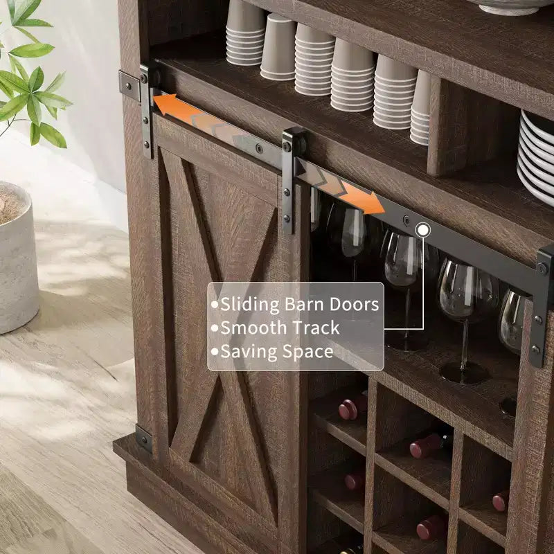Meuble de bar à café de style rustique marron/chêne foncé/gris/blanc avec porte coulissante de style grange, buffet de rangement haut de 75"