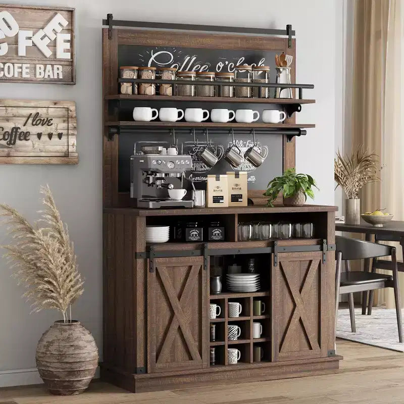 Meuble de bar à café de style rustique marron/chêne foncé/gris/blanc avec porte coulissante de style grange, buffet de rangement haut de 75"