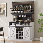 Meuble de bar à café de style rustique marron/chêne foncé/gris/blanc avec porte coulissante de style grange, buffet de rangement haut de 75"