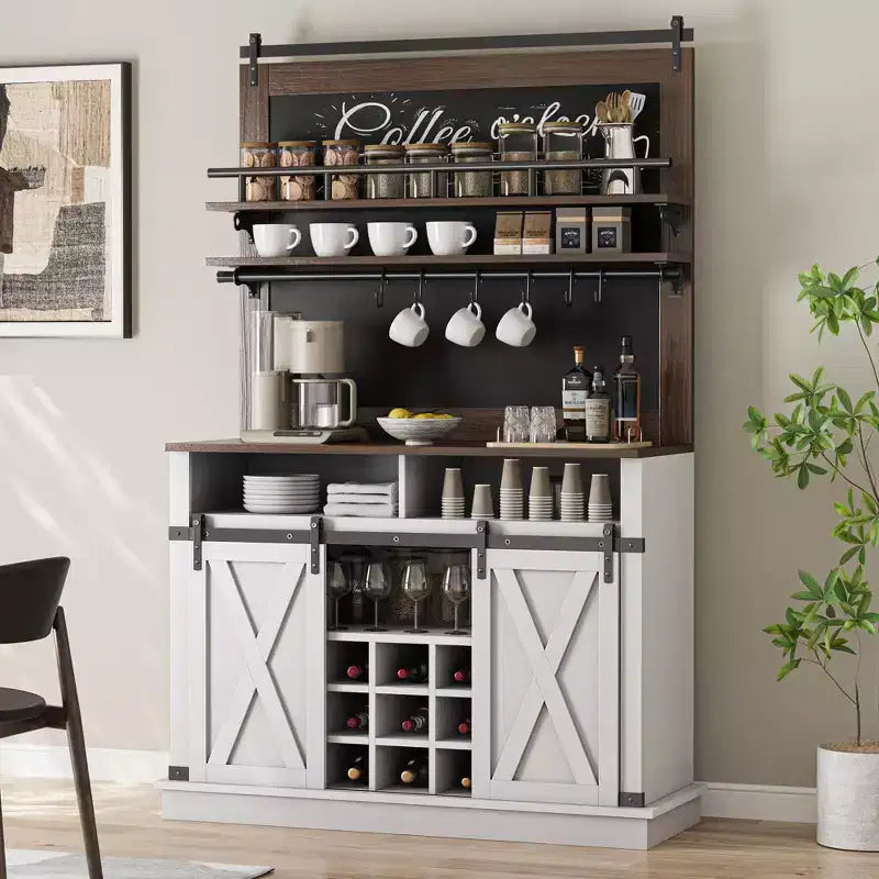 Meuble de bar à café de style rustique marron/chêne foncé/gris/blanc avec porte coulissante de style grange, buffet de rangement haut de 75"