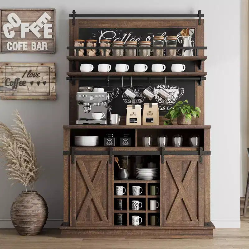 GustoWave 75 Coffee Bar Cabinet with Sliding Barn Door and Blackboard, Farmhouse Buffet Cabinet with Storage, Coffee Hutch Cabinet
