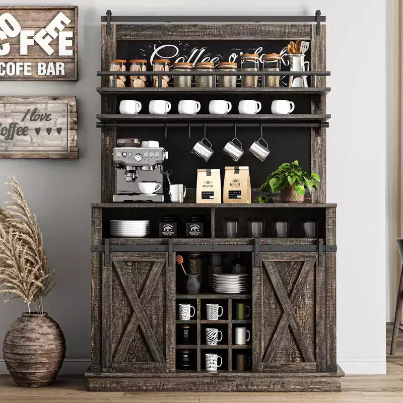 Meuble de bar à café de style rustique marron/chêne foncé/gris/blanc avec porte coulissante de style grange, buffet de rangement haut de 75"