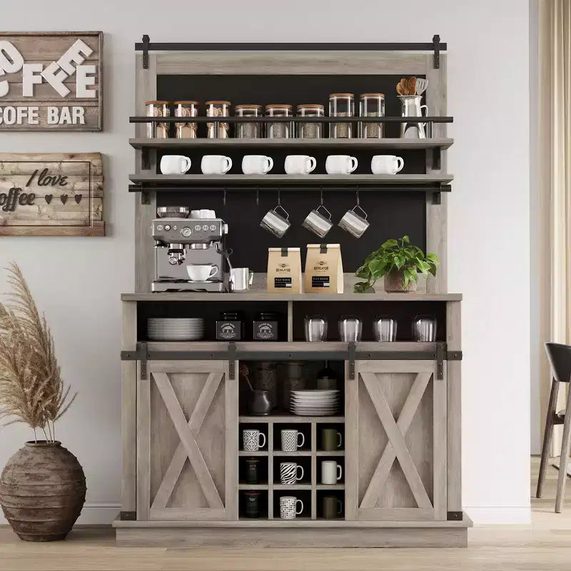 Meuble de bar à café de style rustique marron/chêne foncé/gris/blanc avec porte coulissante de style grange, buffet de rangement haut de 75"