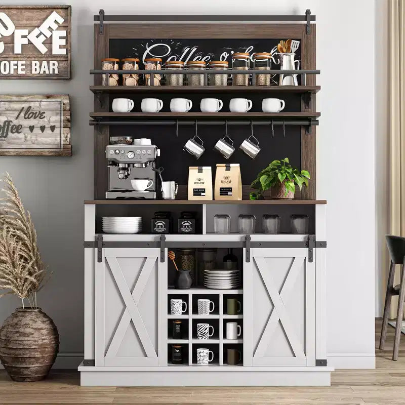 Meuble de bar à café de style rustique marron/chêne foncé/gris/blanc avec porte coulissante de style grange, buffet de rangement haut de 75"